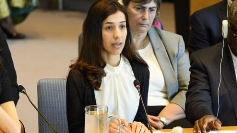 23 de abril de 2019, EE. UU., Nueva York: la activista iraquí de derechos humanos Yazidi Nadia Murad se dirige a una reunión del Consejo de Seguridad de la ONU sobre las mujeres y la paz y la seguridad, con un enfoque en la violencia sexual en los confl