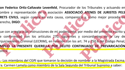 Encabezado de la ampliación de la querella de la Asociación Atenas de Juristas contra todo el Consejo General del Poder Judicial.