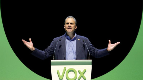 El secretario general de Vox, Javier Ortega Smith, durante el acto de la organización en el Palacio de Vistalegre de Madrid - EFE/ Paolo Aguilar