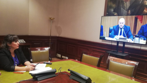 La eurodiputada del BNG Ana Miranda viendo en un monitor en una sala del Congreso de los Diputados la comparecencia de Christopher Carr, jefe de Seguridad Ferroviaria europeo.