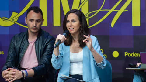 La secretaria general de Podemos, Ione Belarra, durante el acto 'Escudo Climático', en la Sede de Podemos Francisco Villaespesa, a 28 de abril de 2023, en Madrid.