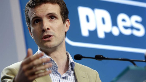 Pablo Casado, en la rueda de prensa que se celebró ayer lunes tras el Comité de Dirección del PP. EFE