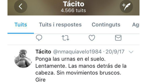 Tuit difundido por el teniente coronel Daniel Baena, bajo el pseudónimo de Tácito, diez días antes del referéndum del 1 de octubre.