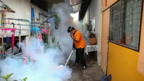 Un hombre fumiga las afueras de un colegio en Bangkok por el aumento de mosquitos que transmiten el virus del Zika/REUTERS