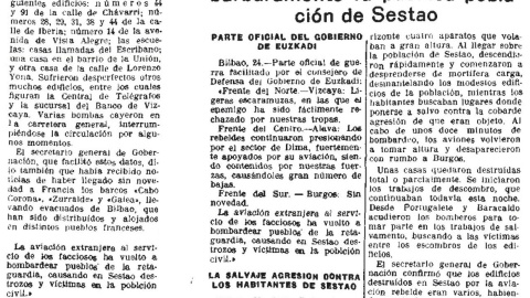 Recorte de un periódico de la época en el que se recoge la noticia del bombardeo franquista sobre Sestao.