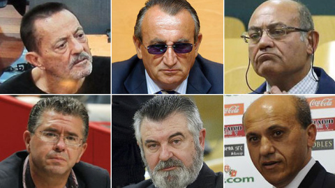 De izquierda a derecha y de arriba a abajo: Julián Muñoz, Carlos Fabra, Gerardo Díaz Ferrán, Francisco Granados, Juan Antonio Roca y José María Del Nido.