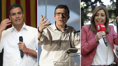 Pedro Sánchez, Patxi López y Susana Díaz, en actos de la precampaña de las primarias del PSOE. EFE