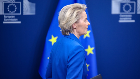 Ursula Von der Leyen tras acabar su intervención en Bruselas.