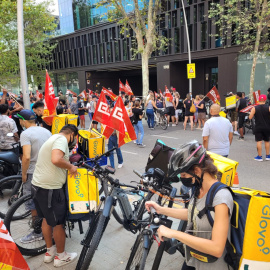 Una imatge de l'inici de la vaga dels treballadors dels supermercats Glovo, de fa unes setmanes.