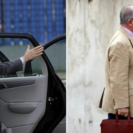 El expresidente de Caja Madrid, Miguel Blesa (i), y su sucesor y luego presidente de Bankia, Rodrigo Rato (d), a su llegada a las sesiones del juicio por las tarjetas black. EFE