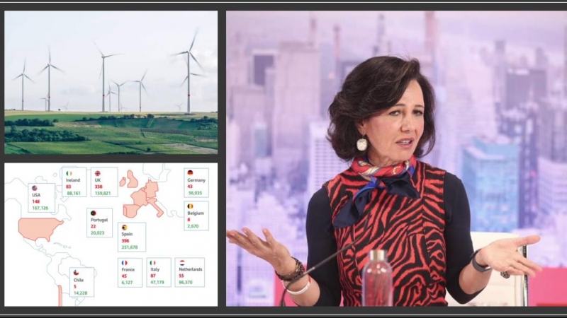 Ana Botín, junto con dos imágenes muy significativas de las políticas de sostenibilidad del Santander