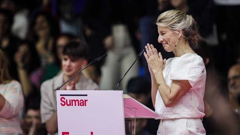 La ministra de Trabajo y vicepresidenta segunda, Yolanda Díaz, durante un acto de Sumar en Madrid, a 2 de abril de 2023.