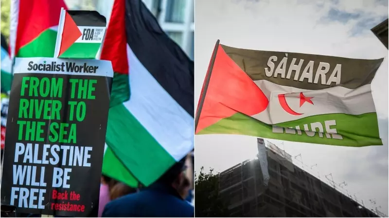 A la izquierda, banderas de Palestina en una manifestación en Londres, y a la derecha, una bandera del Sáhara, en una manifestación en Madrid.