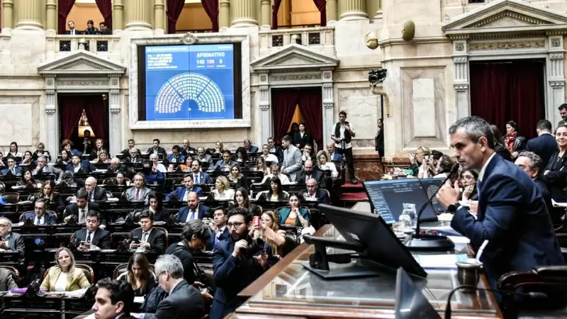 El presidente de la Cámara de Diputados de Argentina, Martín Menem, anuncia el resultado de la votación del proyecto en general de la Ley Bases, a 30 de abril de 2024.