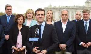 El líder del PP, Pablo Casado, en la presentación de la lista del PP para las elecciones europeas. / FERNANDO VILLAR / EFE