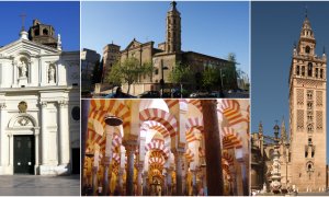 Imágenes de la Seo de Zaragoza, de la iglesia de San Juan de los Panetes, de la Mezquita de Córdoba, y de la Giralda de Sevilla.