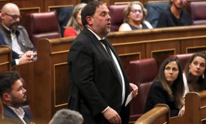 21/5/2019.-El líder de ERC, Oriol Junqueras, que se encuentra en prisión provisional, promete el cargo durante la sesión constitutiva de las nuevas Cortes Generales de la XIII Legislativa que se celebra este martes en el Congreso de los Diputados.EFE/Guil