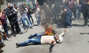 Protesta dels repartidors de Glovo davant la seu de l'empresa per la mort d'un treballador el passat dissabte. @ridersxderechos