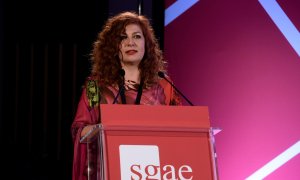 Fotografía facilitada por la Sociedad General de Autores y Editores (SGAE) de su presidenta Pilar Jurado, durante la asamblea general de la entidad.- EFE