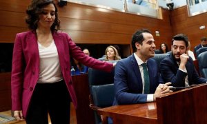 La candidata del PP a la Presidencia de la Comunidad de Madrid, Isabel Díaz Ayuso, y el candidato de Ciudadanos Ignacio Aguado, en la Asamblea de Madrid. (MARISCAL | EFE)