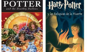 Portada del último libro de la saga Harry Potter en versión británica y en versión española.