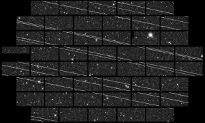 Las rayas claras son rastros de satélites de Starlink en una imagen con exposición tomada en noviembre de 2019 desde un telescopio de Cerro Tololo (Chile). /NSF