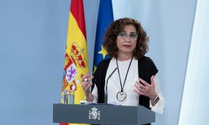 La ministra Portavoz y de Hacienda, María Jesús Montero durante una rueda de prensa en el Palacio de La Moncloa. EFE/ Moncloa