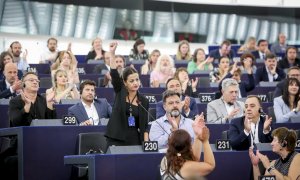 Los eurodiputados de Unidas Podemos Sira Rego y Manu Pineda, en un Pleno del Parlamento Europeo.