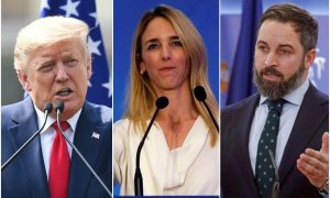 De izquierda a derecha: Donald Trump, presidente de los EEUU; Cayetana Álvarez de Toledo, portavoz del PP; y Santiago Abascal, líder de Vox.- AFP y EFE