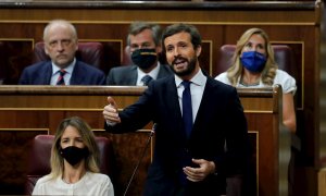 El líder del PP, Pablo Casado, participa en una sesión del pleno del Congreso de los Diputados. - EFE/Chema Moya