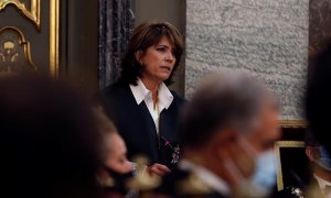 La fiscal general del Estado, Dolores Delgado, interviene durante la inauguración del año judicial, este lunes en el Salón de Plenos del Tribunal Supremo, en Madrid.  | EFE