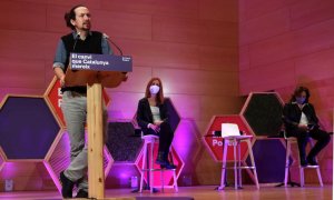 L'acte de campanya de la candidata d'En Comú Podem, Jéssica Albiach, amb Pablo Iglesias, vicepresident segon del govern espanyol, i Ada Colau, alcaldessa de Barcelona, a Santa Coloma de Gramanet.