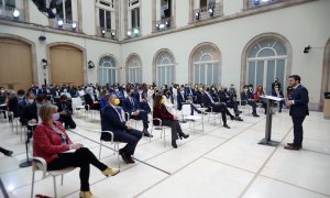 El candidato de ERC a la presidencia de la Generalitat, Pere Aragonès, en el Auditori del Parlament de Catalunya, durante su primera intervención en el debate de investidura.