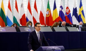 El primer ministro polaco Mateusz Morawiecki en su intervención en el Pleno de Estrasburgo.