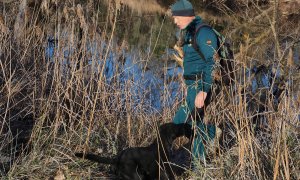 28/01/22. Un agente con un perro adiestrado busca pistas sobre la desaparición de Esther, en Traspineda, a 26 de enero de 2022.