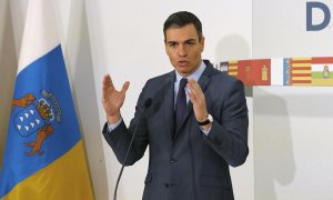 El presidente del Gobierno, Pedro Sánchez, durante su intervención en la reunión de la XXVI Conferencia de Presidentes se celebra este domingo en el Museo Arqueológico Benahoarita, en la localidad de Los Llanos de Aridane