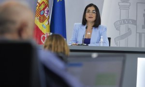 La ministra de Sanidad, Carolina Darias, participa en la rueda de prensa posterior al Consejo Interterritorial del SNS, a 25 de mayo de 2022, en Madrid.