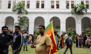 Un hombre sostiene la bandera de Sri Lanka durante la multitudinaria protesta.