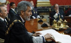 El presidente del Tribunal Supremo y del Consejo General del Poder Judicial, Carlos Lesmes durante la toma de posesión del nuevo fiscal general del Estado, Álvaro García Ortiz, este 5 de septiembre de 2022.