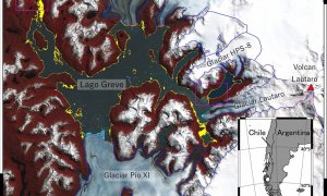 07/10/2022. Imagen de satélite del Lago Greve (Chile) y de los puntos de referencia circundantes. La zona que pasó de ser lago a superficie terrestre desde el 8 de abril hasta el 1 de noviembre de 2020 está resaltada en amarillo.