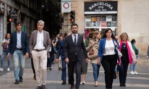 El exvicepresidente de la Generalitat, Jordi Puigneró (c), y los exconllers Josep Maria Argimon (2i) y Gemma Geis (2d), entre otros, a su llegada a una reunión extraordinaria del Govern, a finales del pasado mes de septiembre. E.P./David Zorrakino