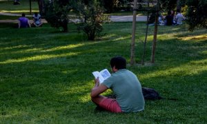 Una persona lee un libro sentada en el césped del parque del Retiro, a 4 de septiembre de 2022, en Madrid.