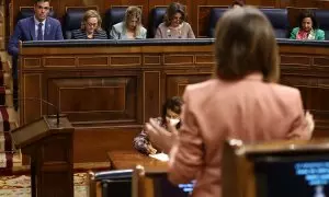 De izq. a der.,  el presidente del Gobierno, Pedro Sánchez; la vicepresidenta primera y ministra de Asuntos Económicos, Nadia Calviño; la vicepresidenta segunda y ministra de Trabajo, Yolanda Díaz; la vicepresidenta tercera y ministra de la Transición Eco