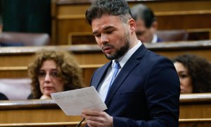 El portavoz de ERC, Gabriel Rufián, interviene durante la sesión de control al Gobierno este miércoles 8 de febrero de 2023 en el Congreso.