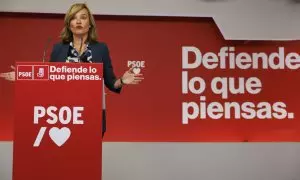 La portavoz de la ejecutiva y Ministra de Educación y Formación Profesional, Pilar Alegría, durante una rueda de prensa en la sede del PSOE, este lunes en Madrid