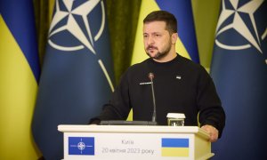 El presidente de Ucrania, Volodímir Zelenski, durante una intervención con la ONU en Kiev, a 20 de abril de 2023.