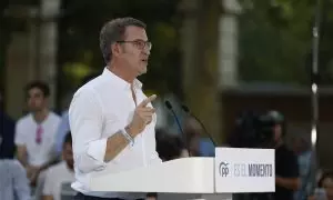 El candidato del PP a la presidencia del Gobierno, Alberto Núñez Feijóo, en un mitin de campaña en Madrid.