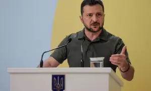 El presidente ucraniano, Volodymyr Zelensky, en una conferencia de la Plataforma de Crimea en Kiev, Ucrania, a 23 de agosto de 2023.