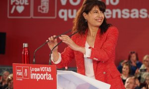 La nueva ministra de Igualdad, Ana Redondo, interviene durante un acto de campaña del PSOE, en la Feria de Muestras, a 21 de mayo de 2023, en Valladolid, Castilla y León (España). Photogenic/Claudia Alba / Europa Press