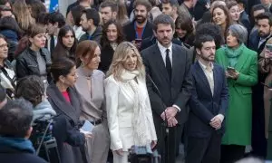 La vicepresidenta segunda y ministra de Trabajo y Economía Social, Yolanda Díaz, atiende a medios a su llegada al acto de homenaje a la Constitución, en el Congreso de los Diputados, a 6 de diciembre de 2023, en Madrid (España).